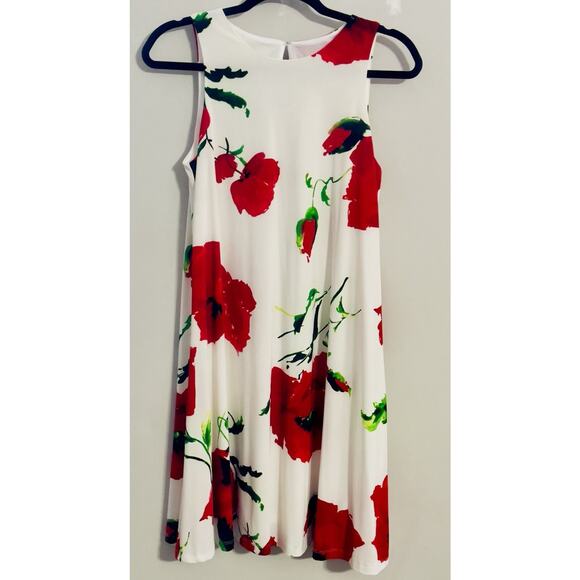 Anne Klein Sleeveless Dress White Red Poppy Floral Keyhole Back Midi Size 4 - Picture 5 of 13
